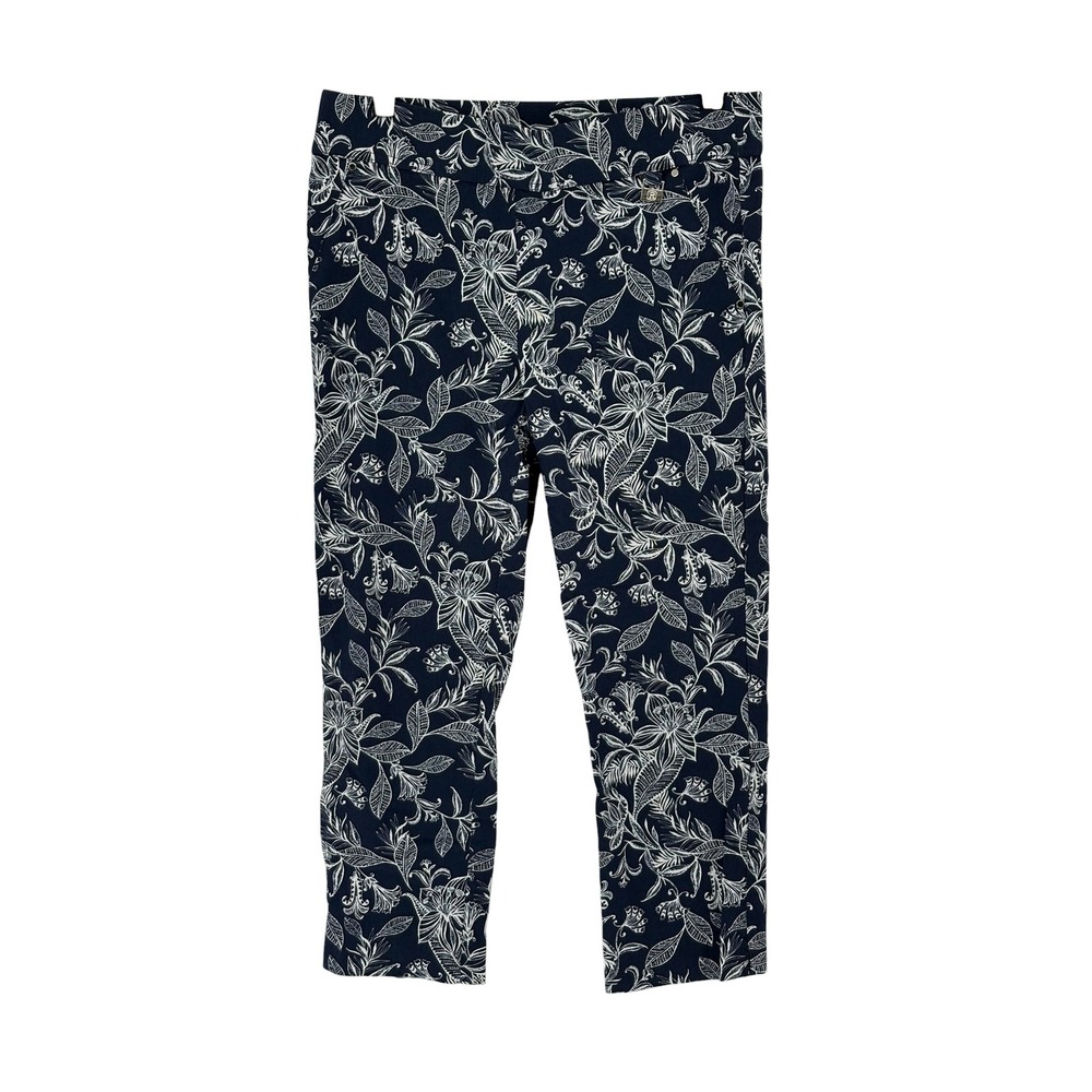 Rafaella Comfort Pants Navy Blue White Floral‎ Print Stretch Cropped 10